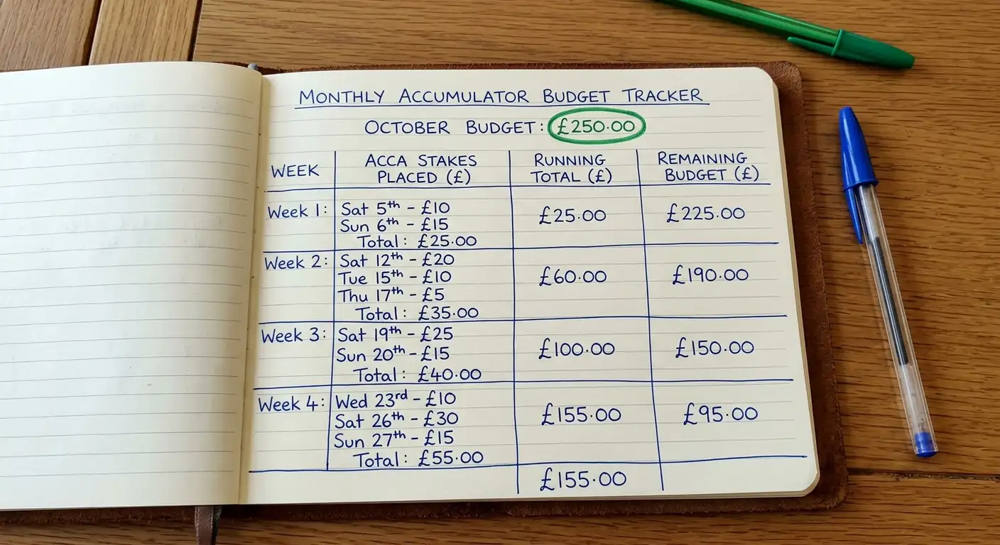 Monthly accumulator bankroll log showing separate budget tracking in a notebook