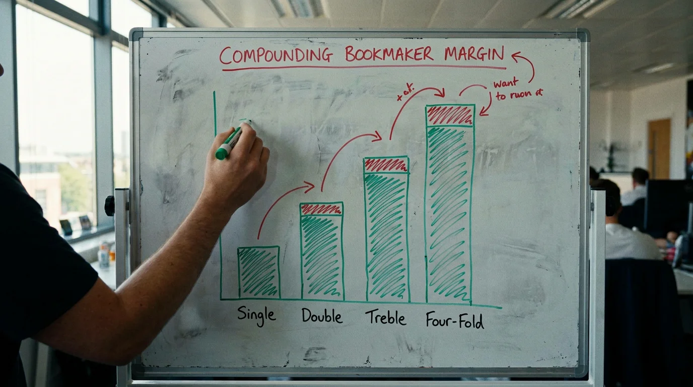 Compounding bookmaker margin effect across accumulator legs shown in a simple bar chart