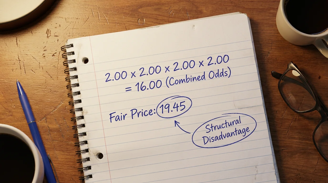 Accumulator mathematics breakdown comparing four-fold combined odds with fair price