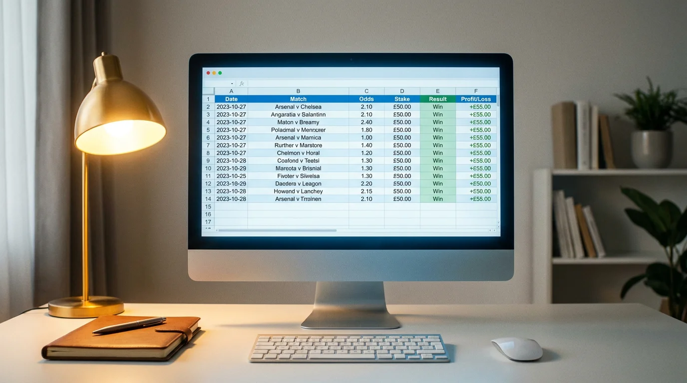 Football bet tracking spreadsheet showing stake, odds and profit columns on a monitor