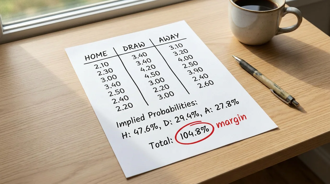 Bookmaker margin concept illustrated with football odds and built-in house edge percentage