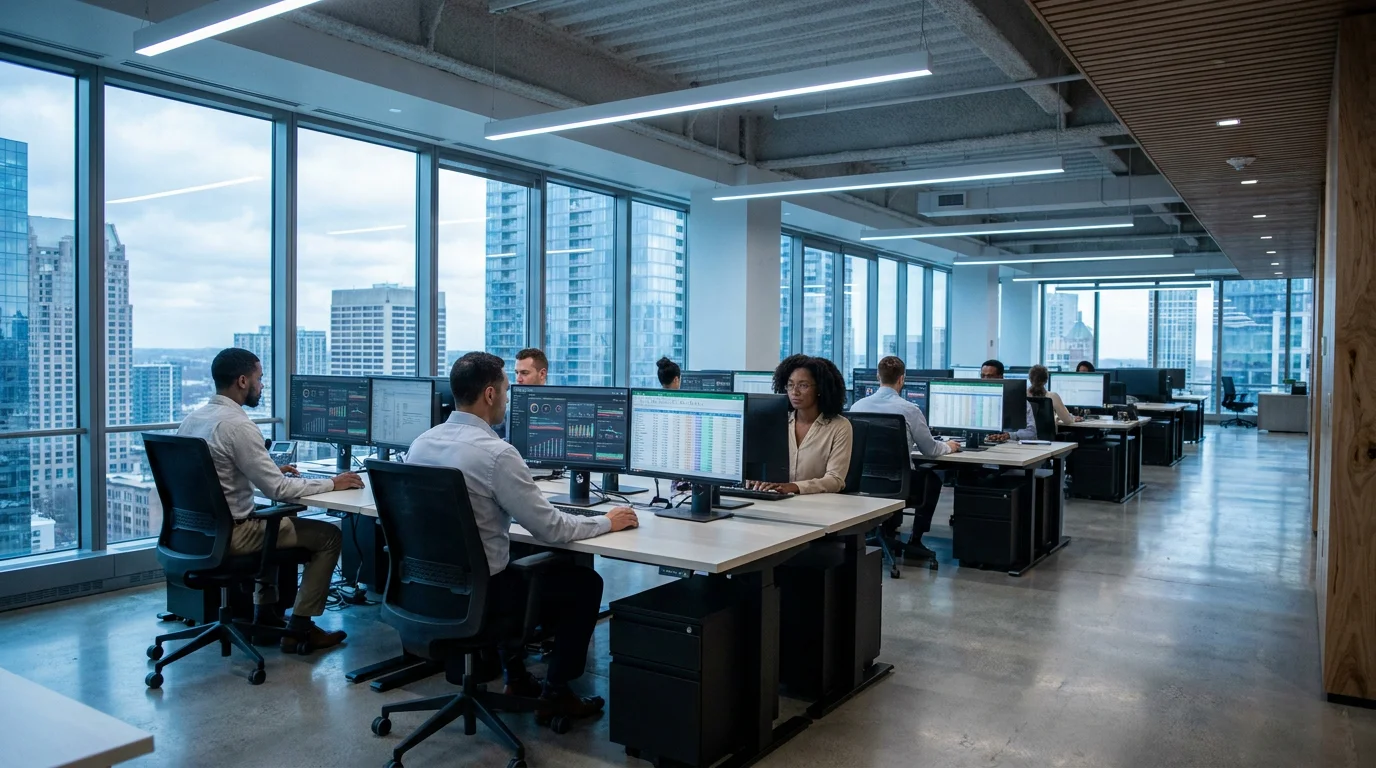 Modern bookmaker operations office with multiple display screens