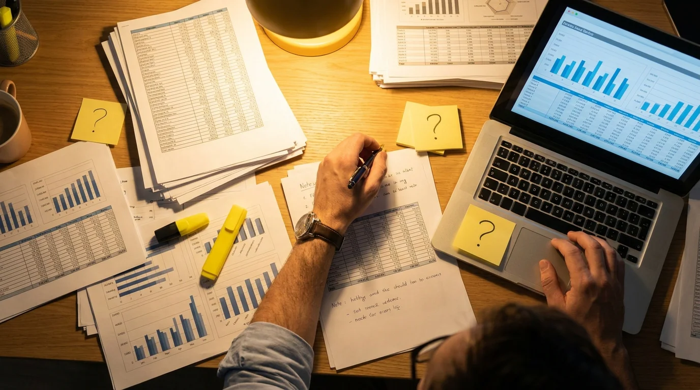 Person at desk weighing options with notes and data printouts
