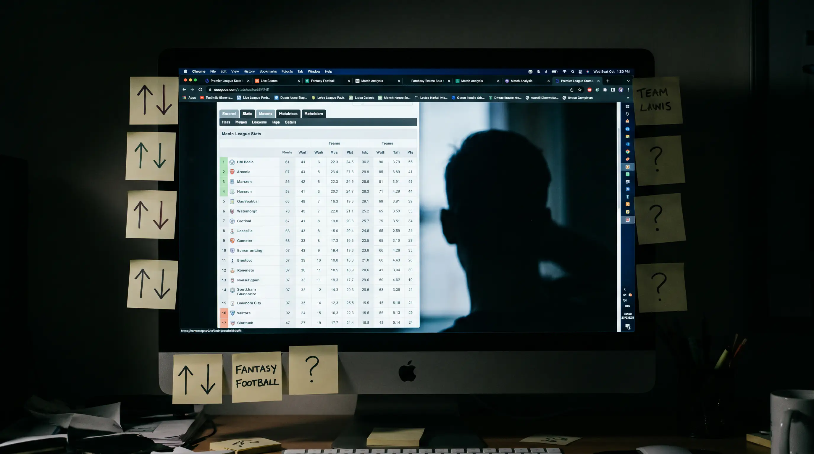 Multiple browser tabs open showing conflicting football statistics