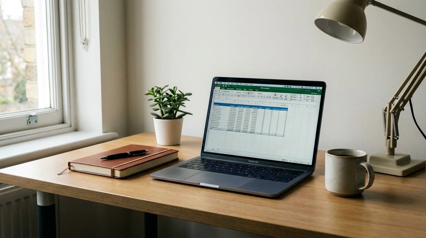 Organised desk with betting journal, laptop and coffee mug