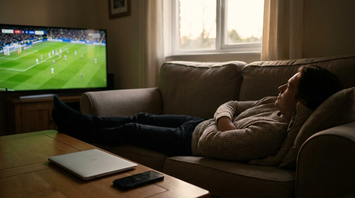 Person calmly watching live football match on television at home