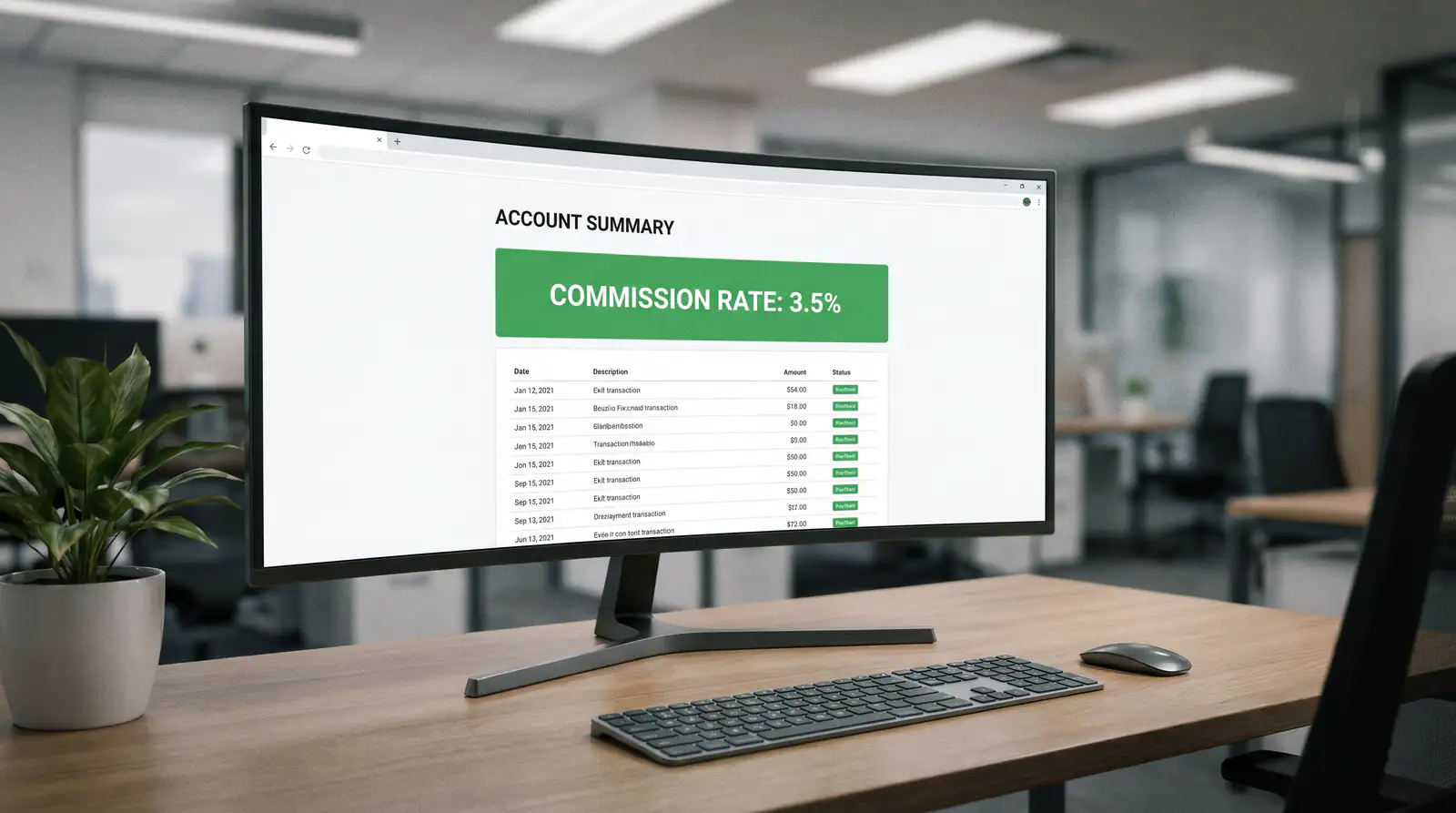 Exchange platform commission summary page on desktop monitor