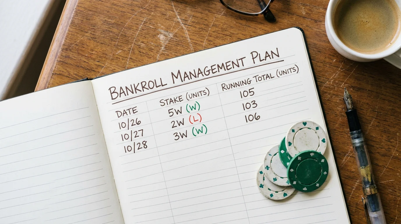 Flat staking bankroll management plan with unit calculations written in a notebook