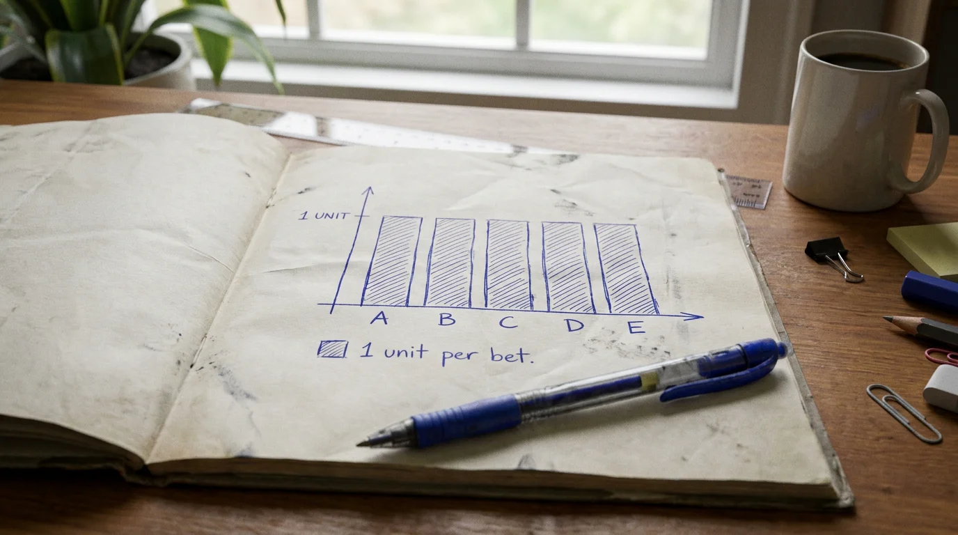 Notebook page illustrating flat staking with equal unit marks