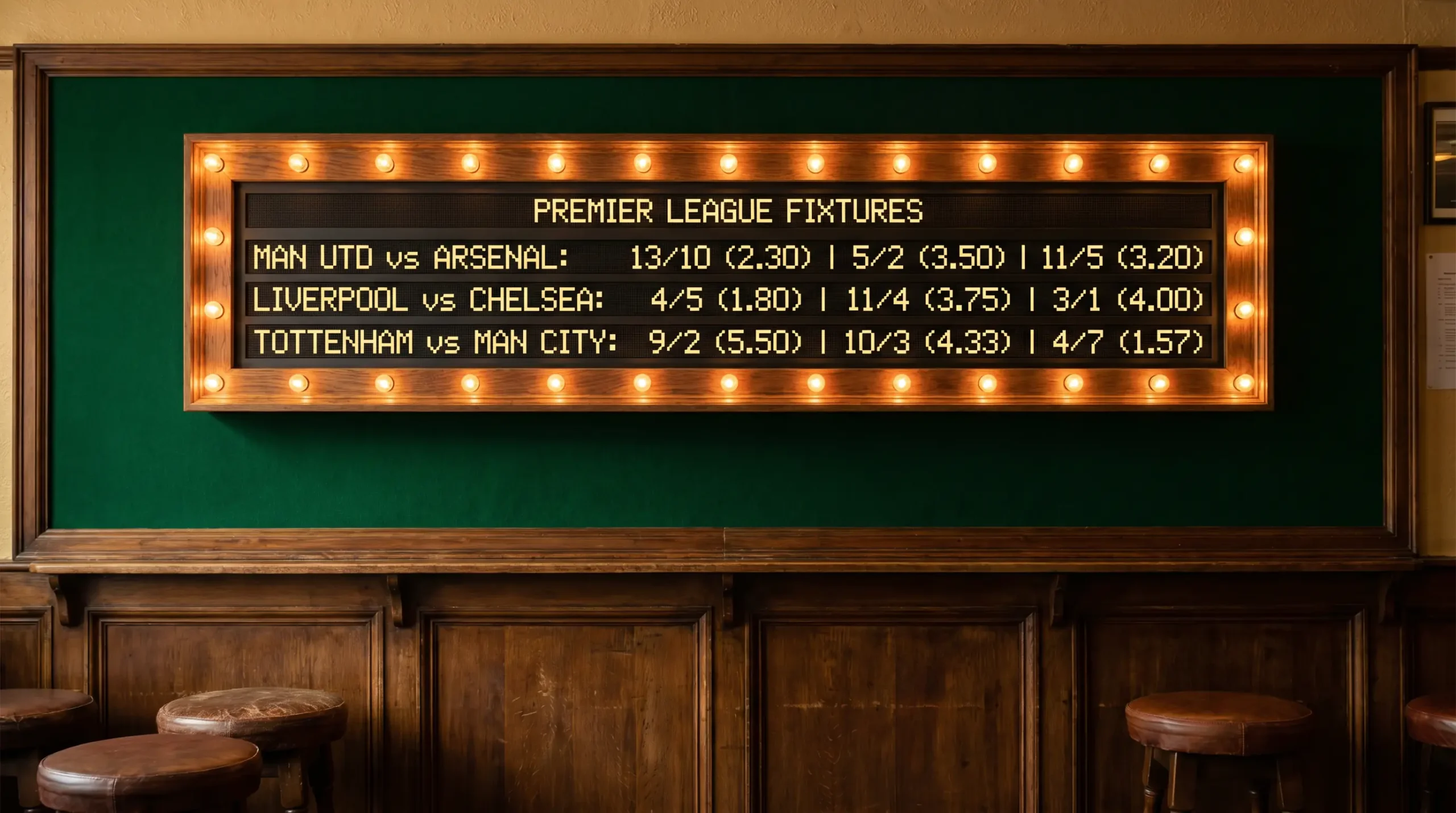Football betting odds displayed in fractional and decimal formats on a bookmaker screen