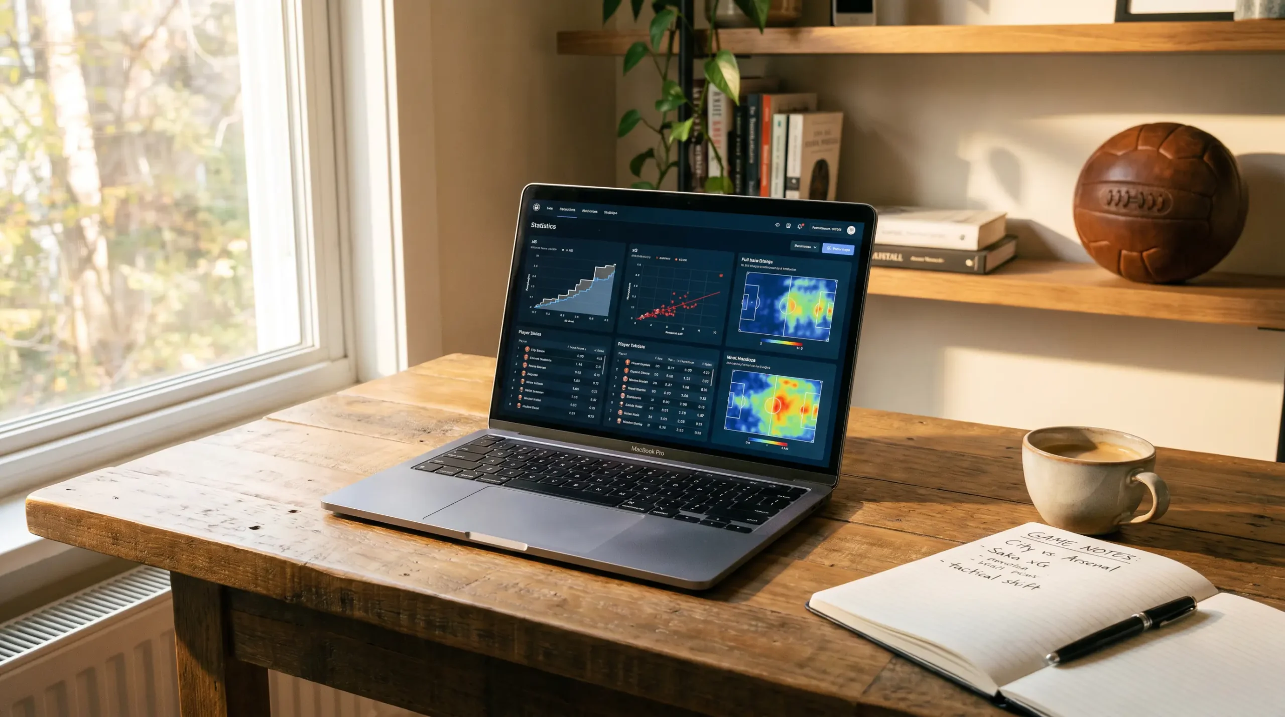 Football betting strategy framework with data analysis on laptop screen beside football pitch