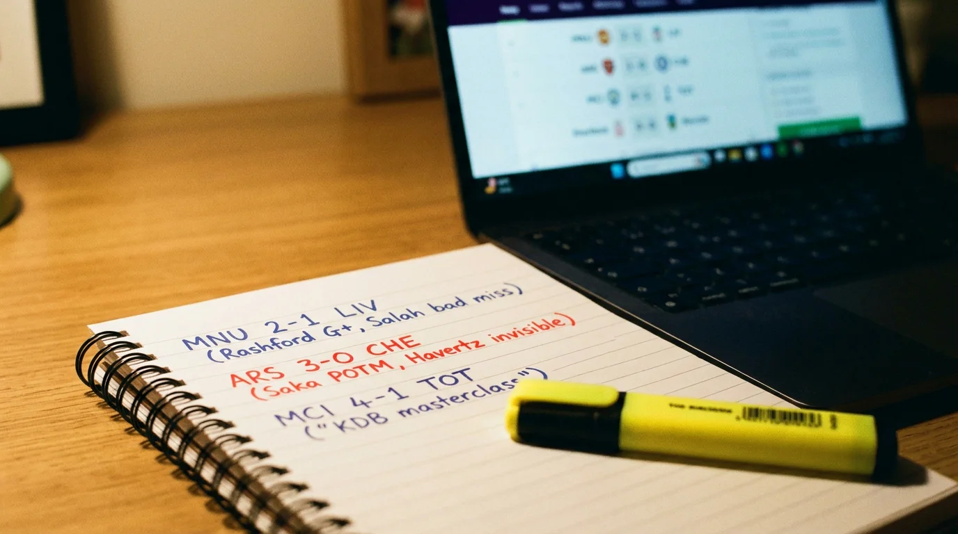 Notepad with handwritten football form analysis notes beside a laptop showing match results