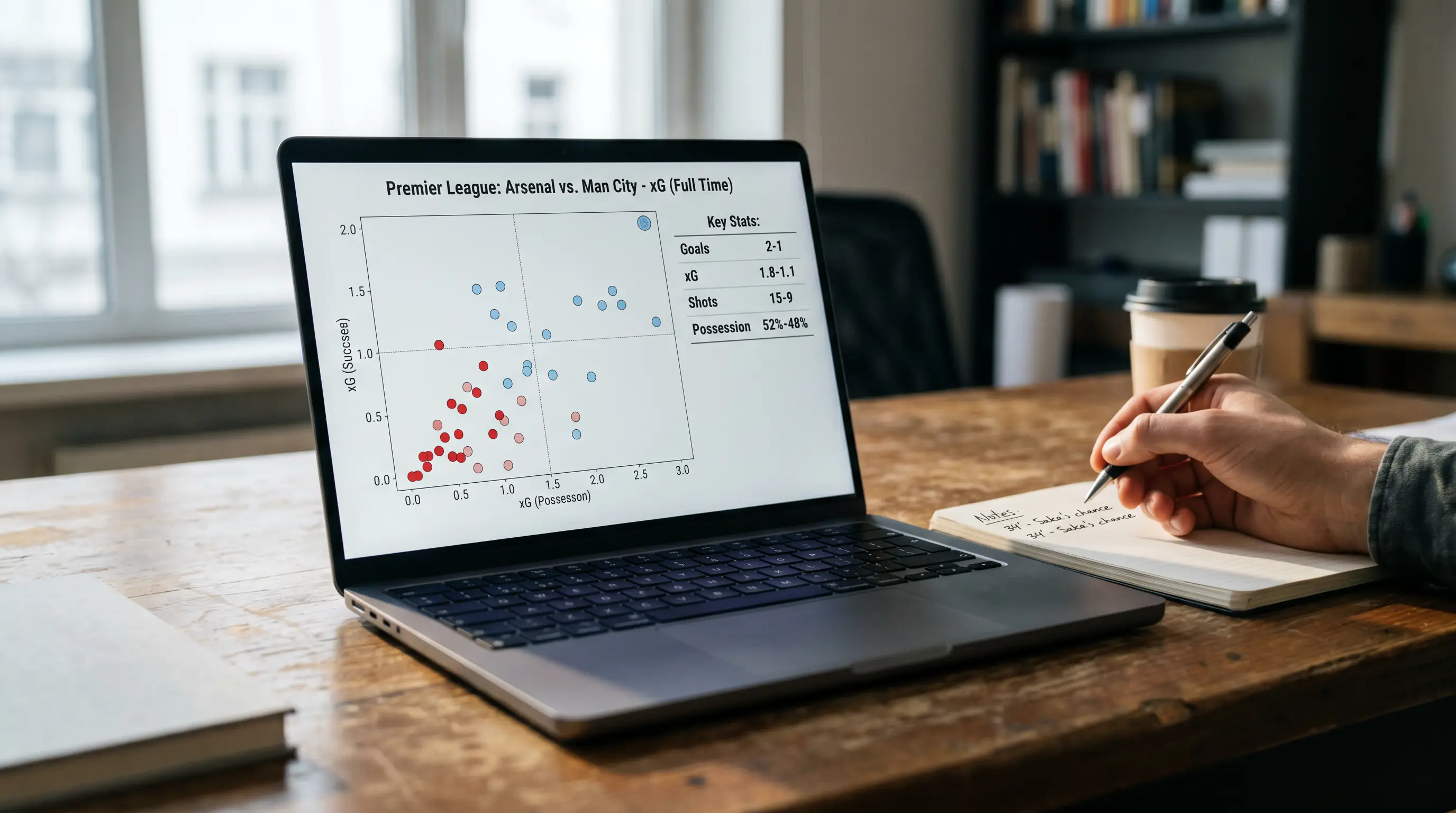 Expected goals xG statistics displayed on a laptop for Premier League match analysis