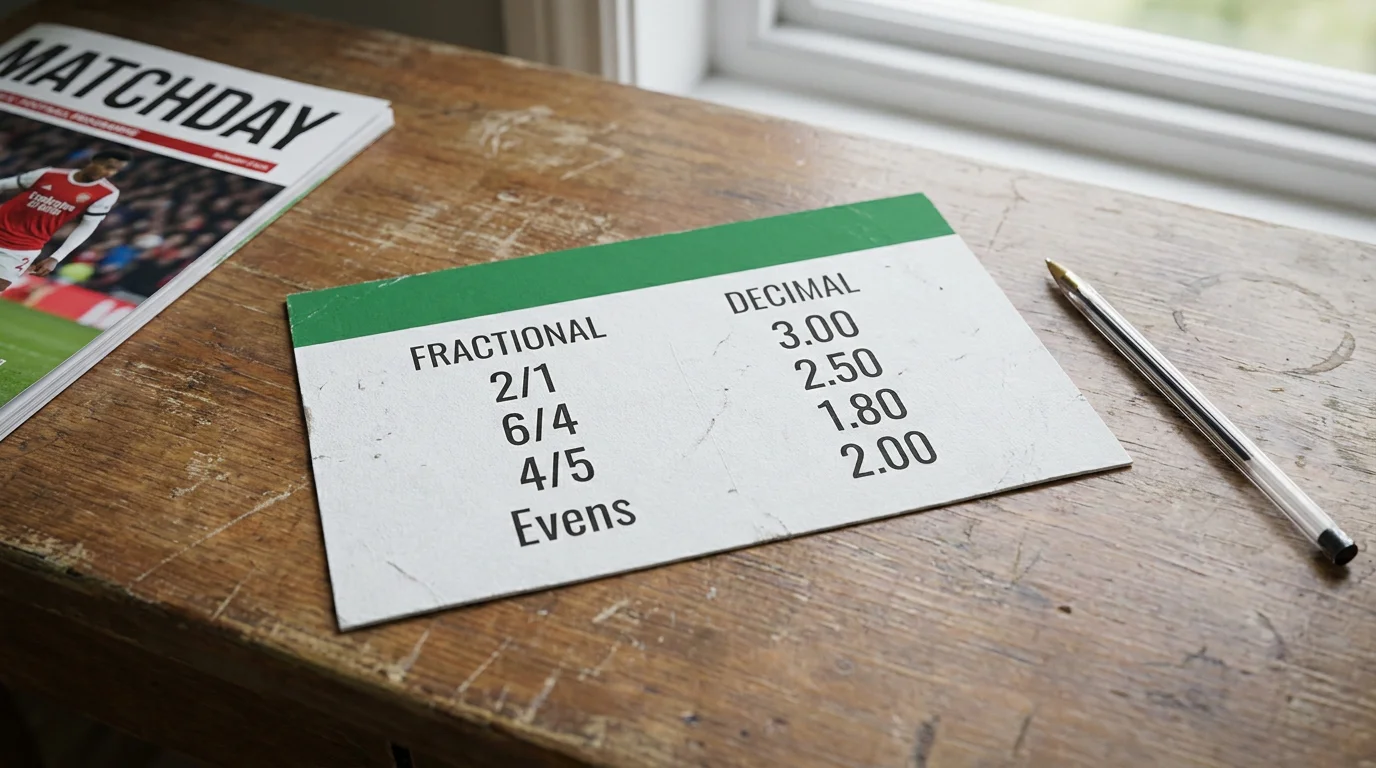 Fractional to decimal odds conversion reference table for UK football betting