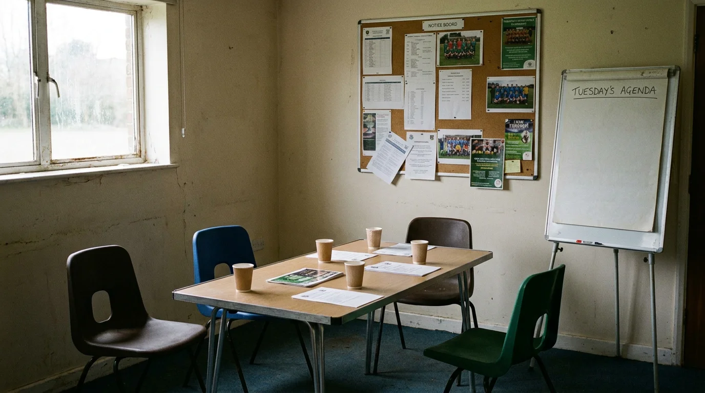 Grassroots football club committee meeting discussing player gambling welfare