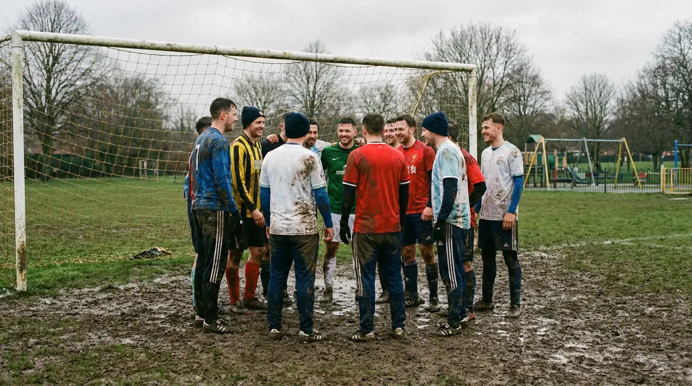 Sunday league football players on amateur pitch before match