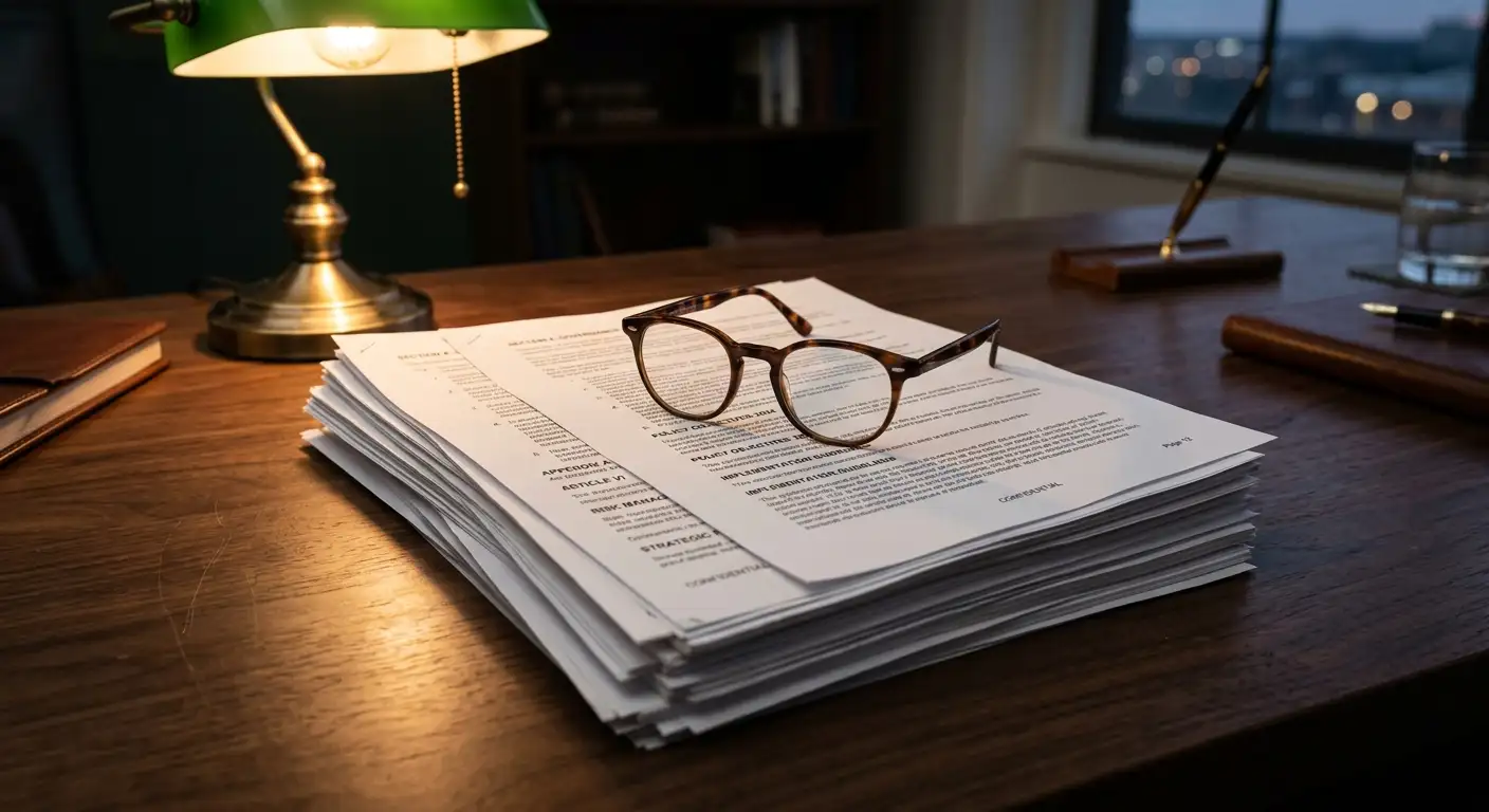 Official government policy documents on desk with reading glasses