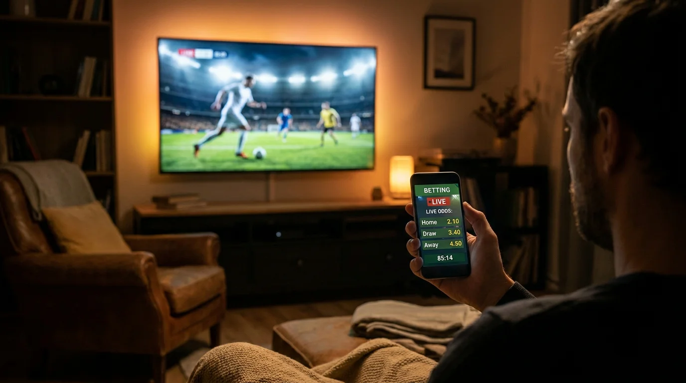 Live football match viewed on screen with in-play betting odds updating in real time