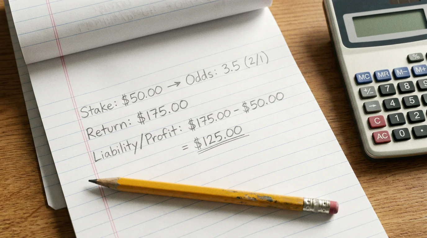 Notepad showing lay bet liability calculation with worked figures