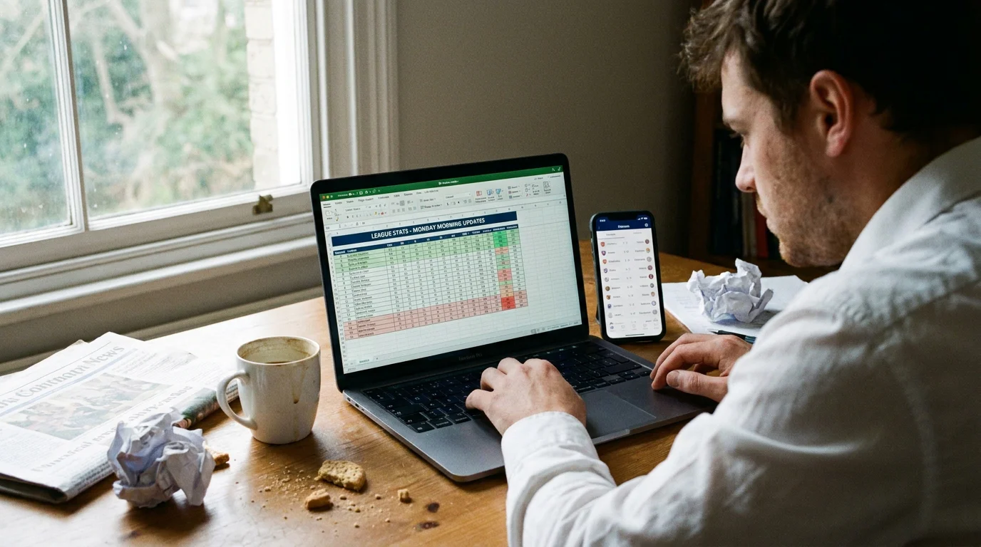 Football analyst updating weekly league goal averages on laptop screen