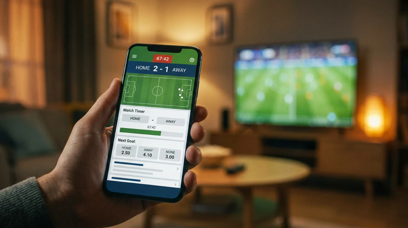 In-play football betting on a mobile phone with live odds and match stats visible