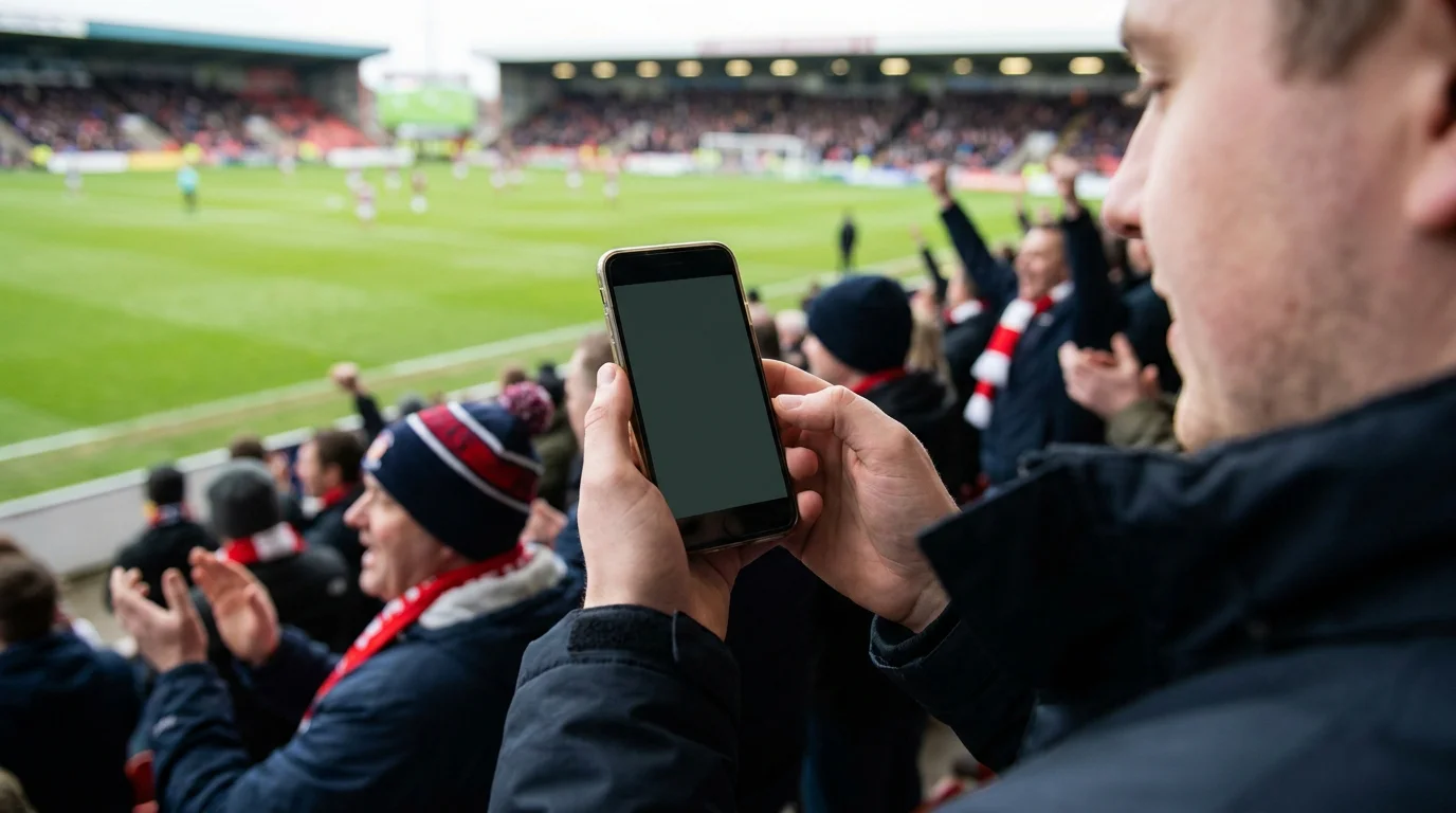 Football fan using mobile betting app on smartphone at stadium