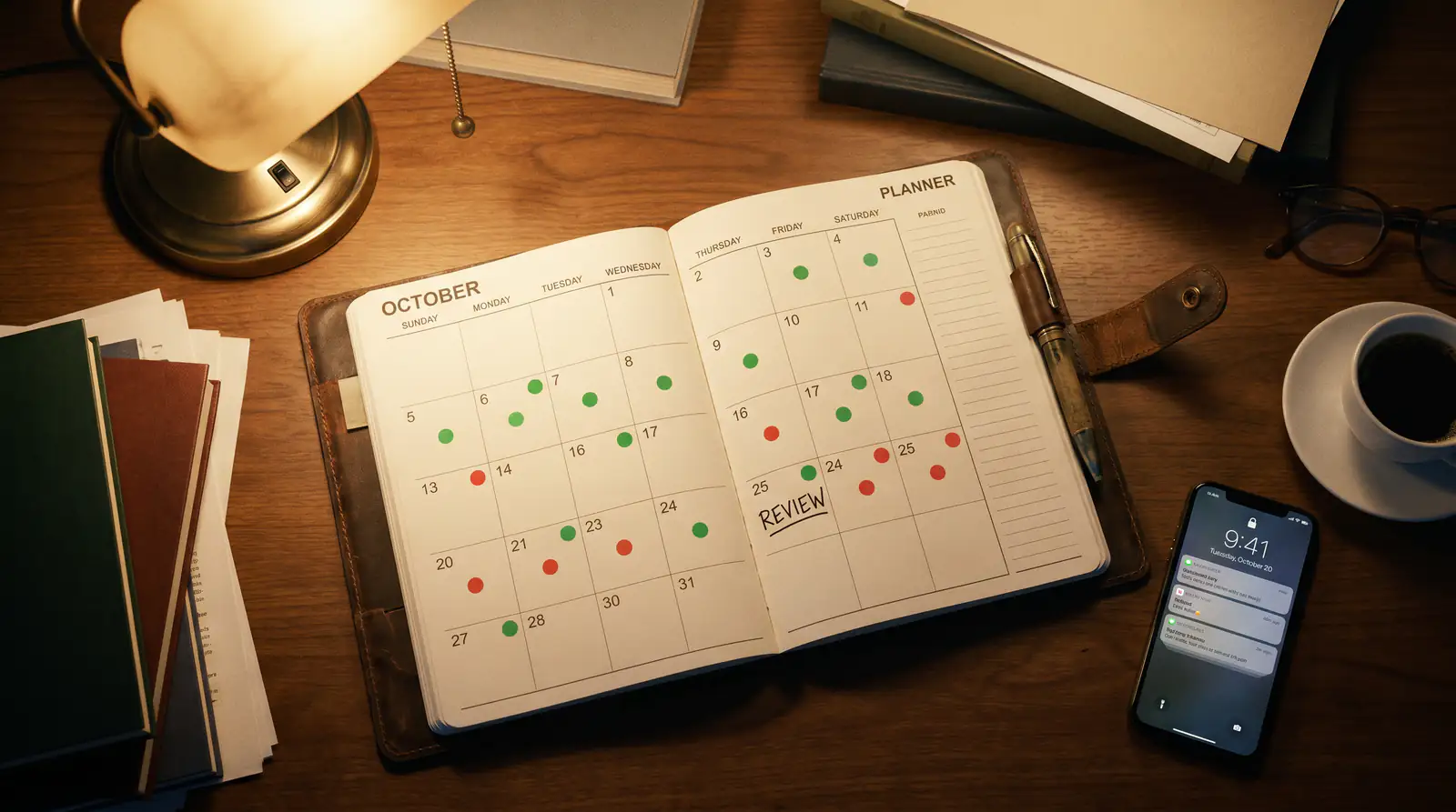 Planner page marked with monthly betting review dates and limits
