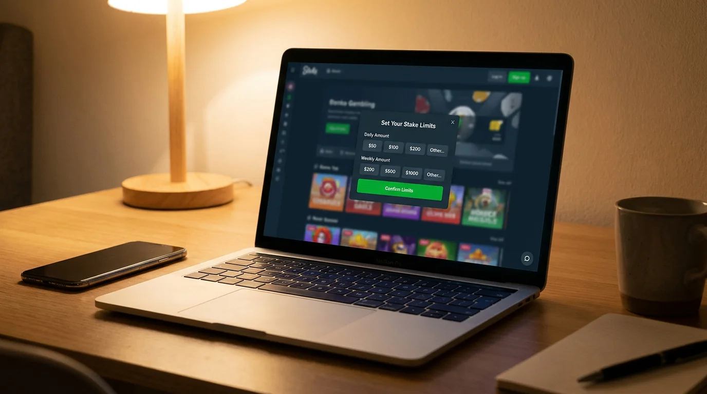 Laptop screen showing responsible gambling stake limit settings