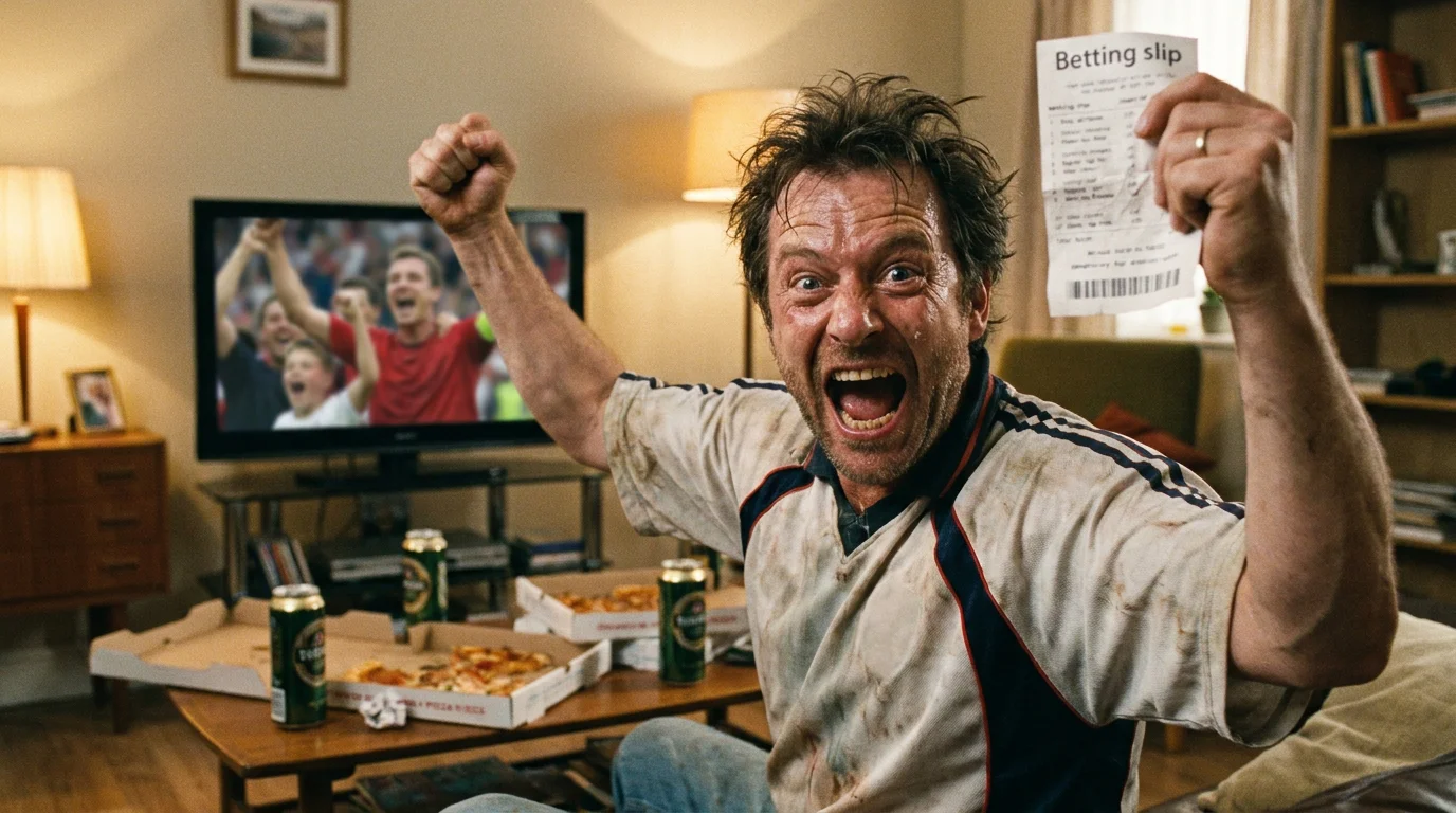 Excited football fan celebrating with betting slip in hand