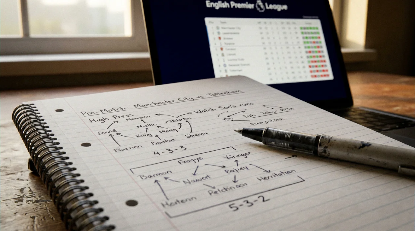 Pre-match football analysis notes with form data and team stats on a desk