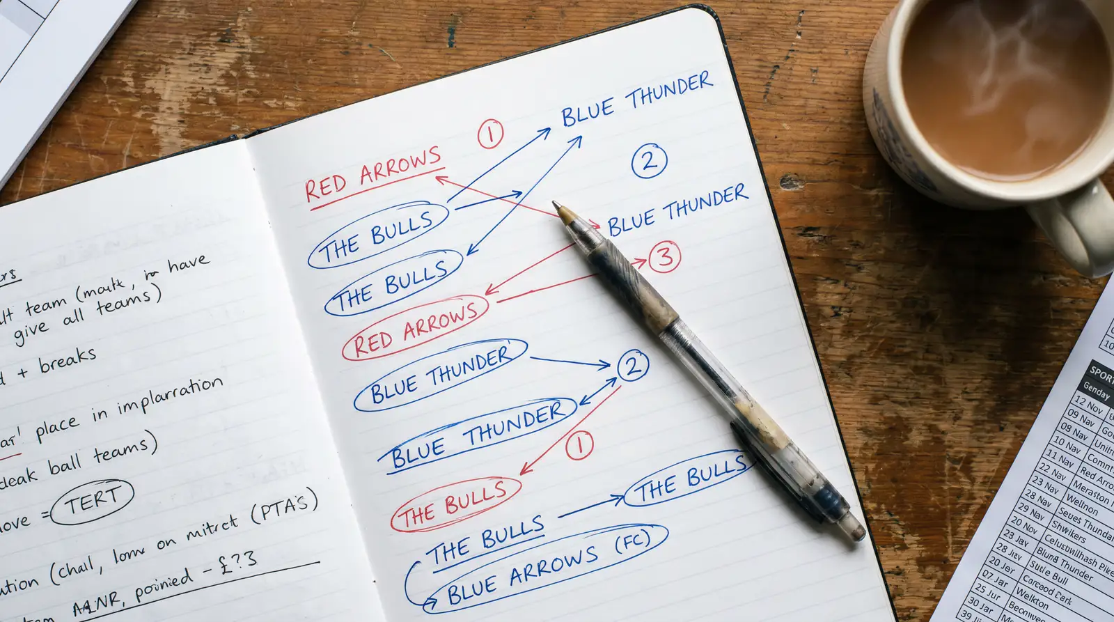 Notebook with pre-season squad analysis notes and pen
