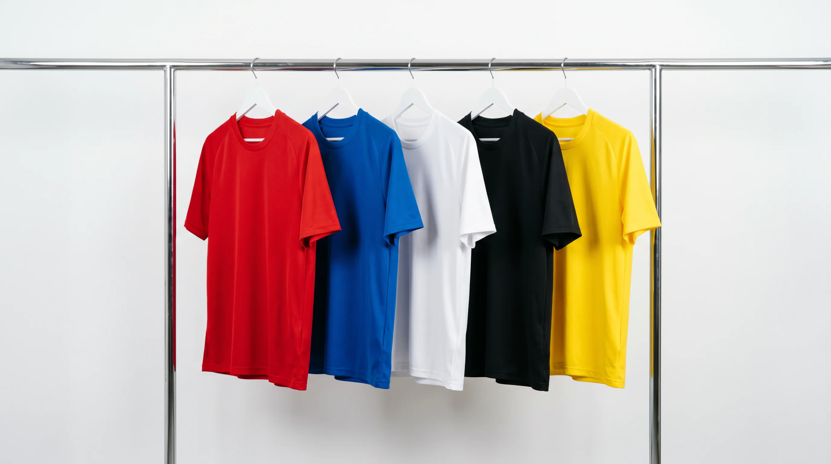 Row of Premier League football shirts on display with sponsor logos visible