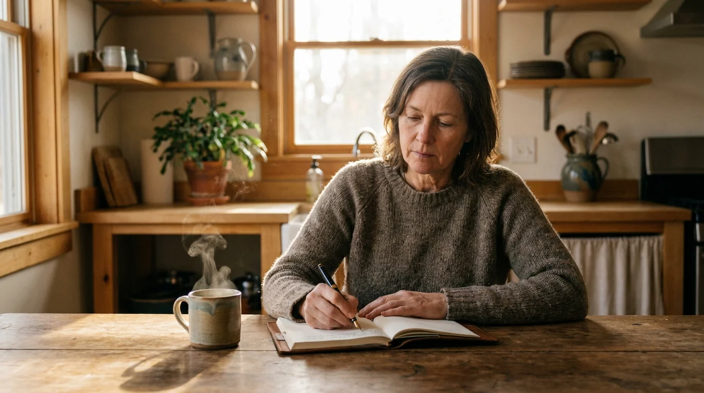 Person reflecting alone with notebook and cup of tea