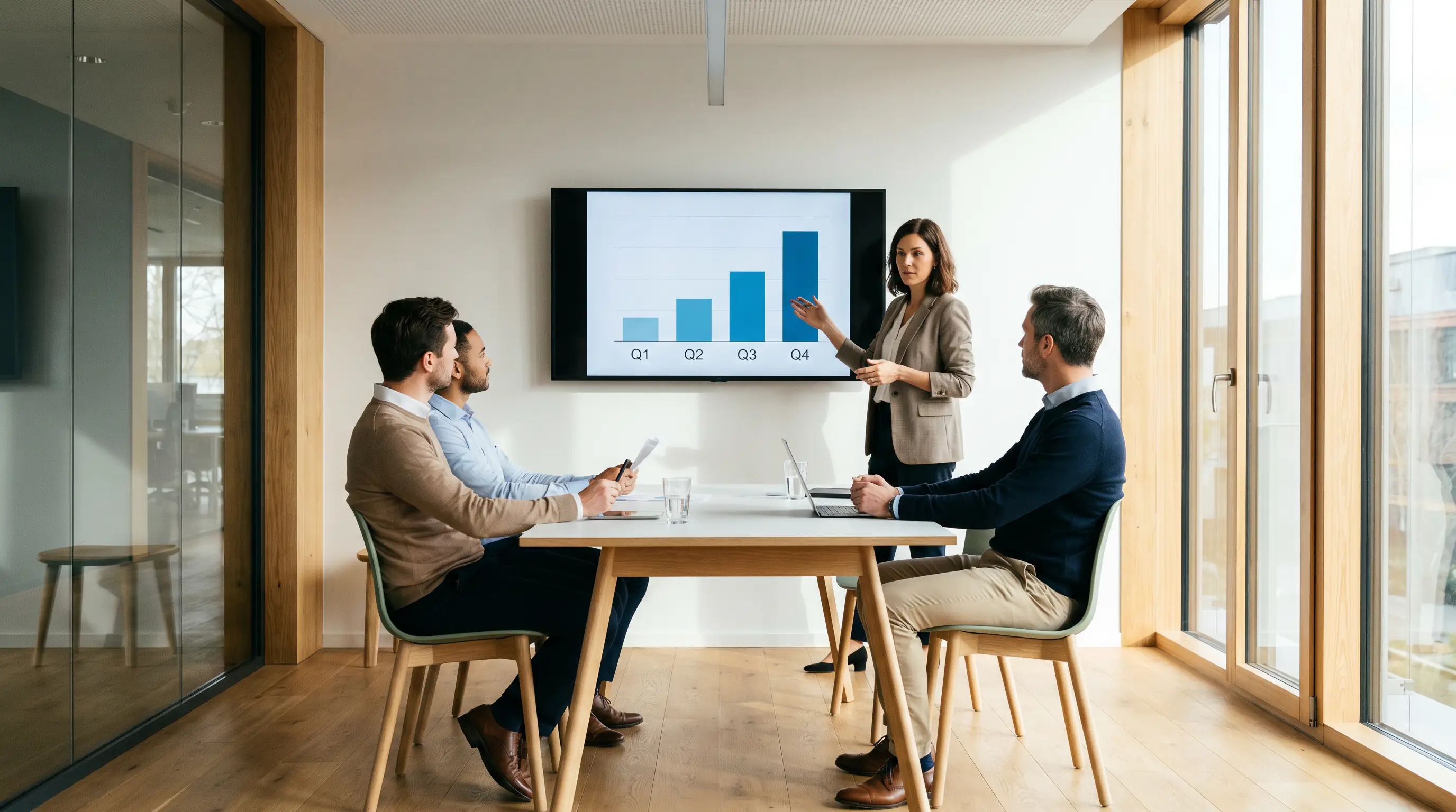 Business meeting discussing revenue impact charts on wall display