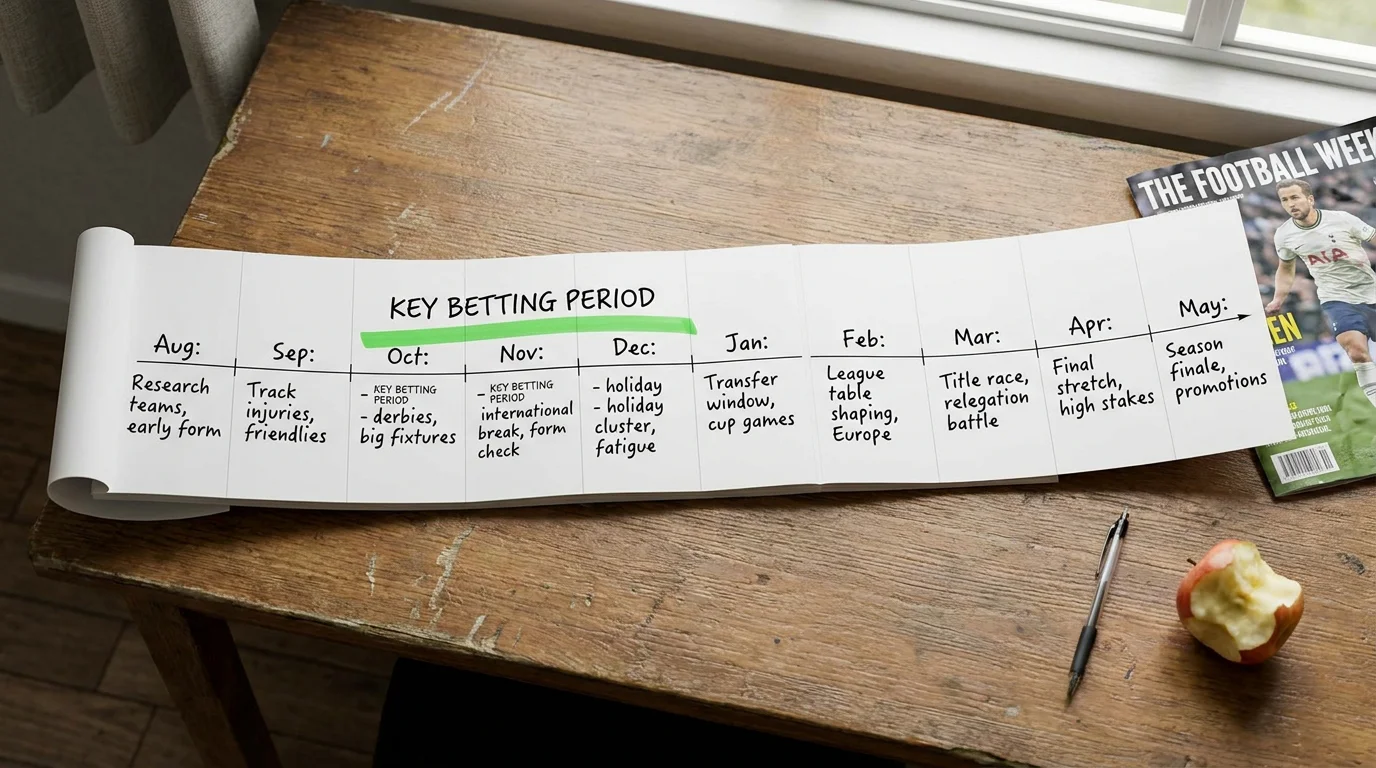 Seasonal football betting planner with monthly notes across a ten-month English football season