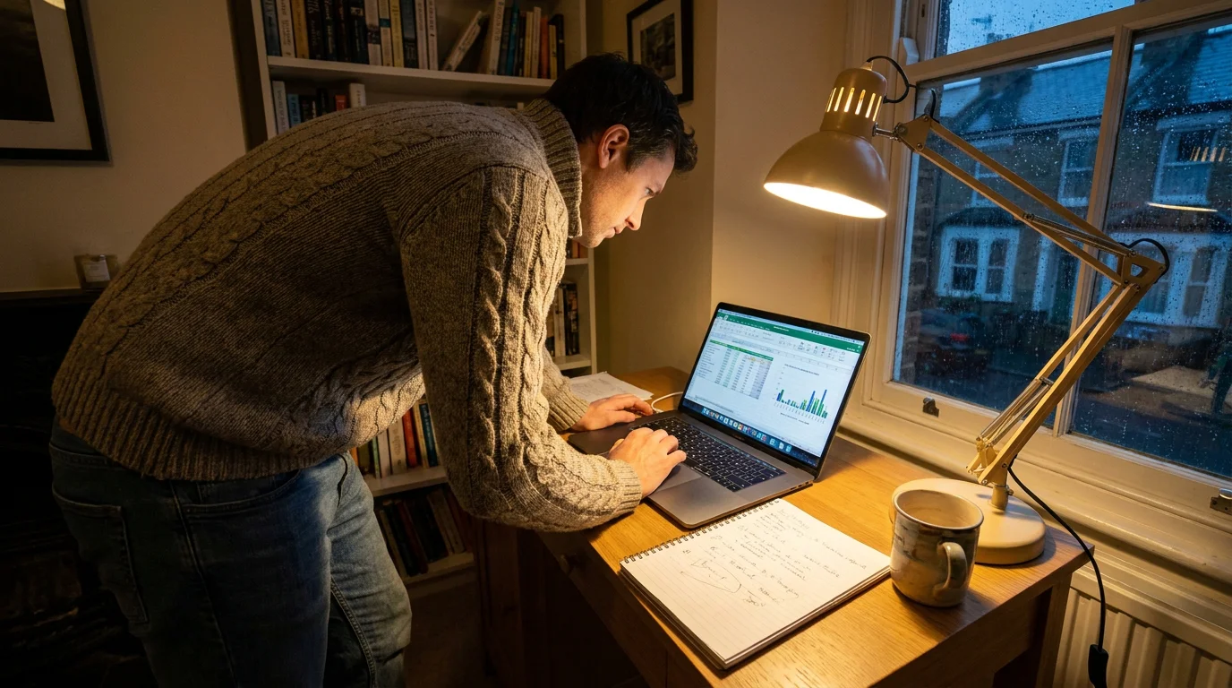 Specialist football bettor researching Championship league data on laptop