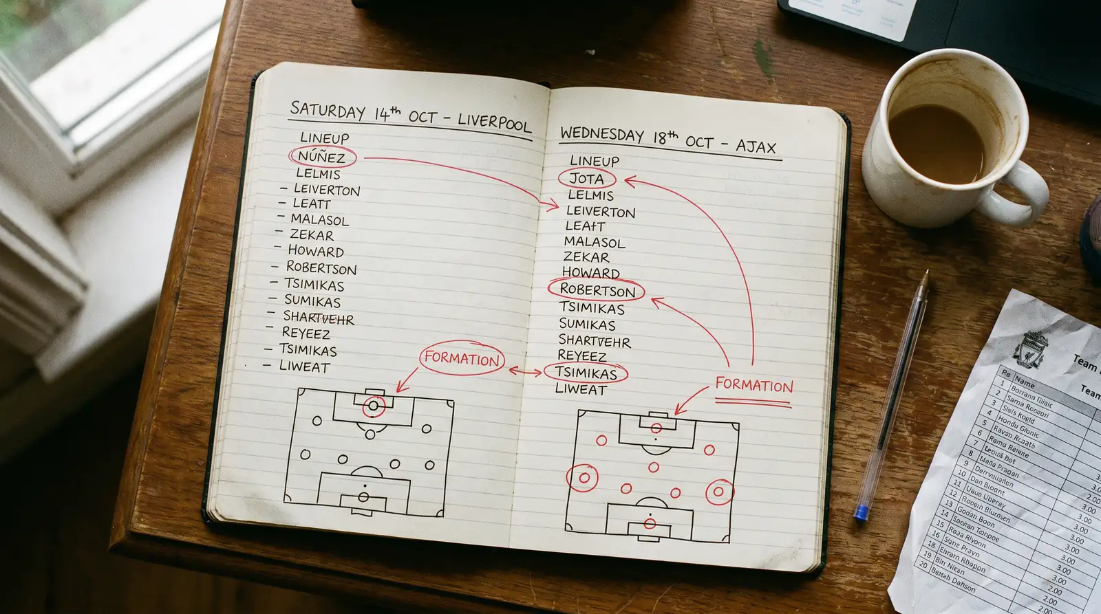 Squad rotation tracking showing first-choice versus second-string football lineup