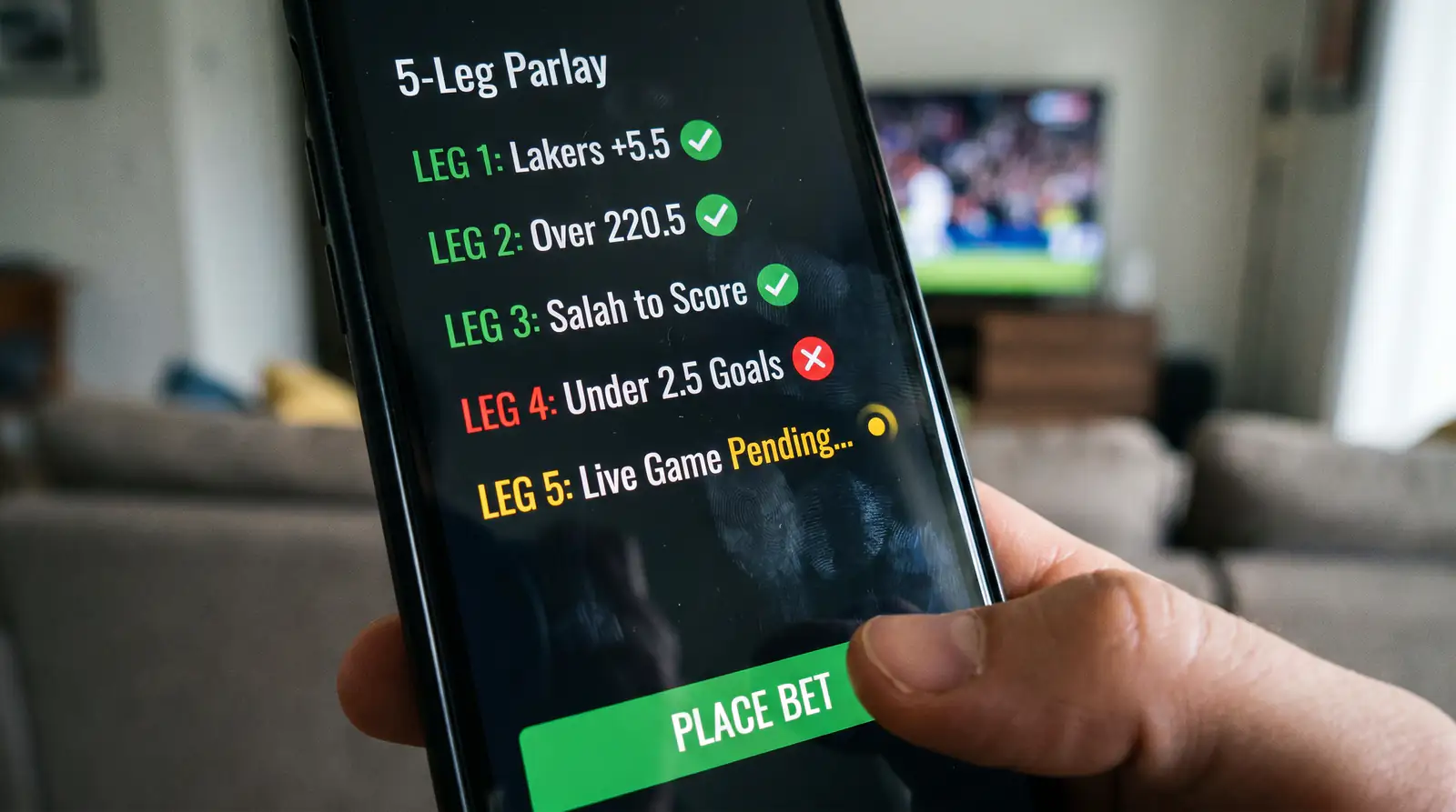 Mobile screen showing partially winning bet builder with cash-out option