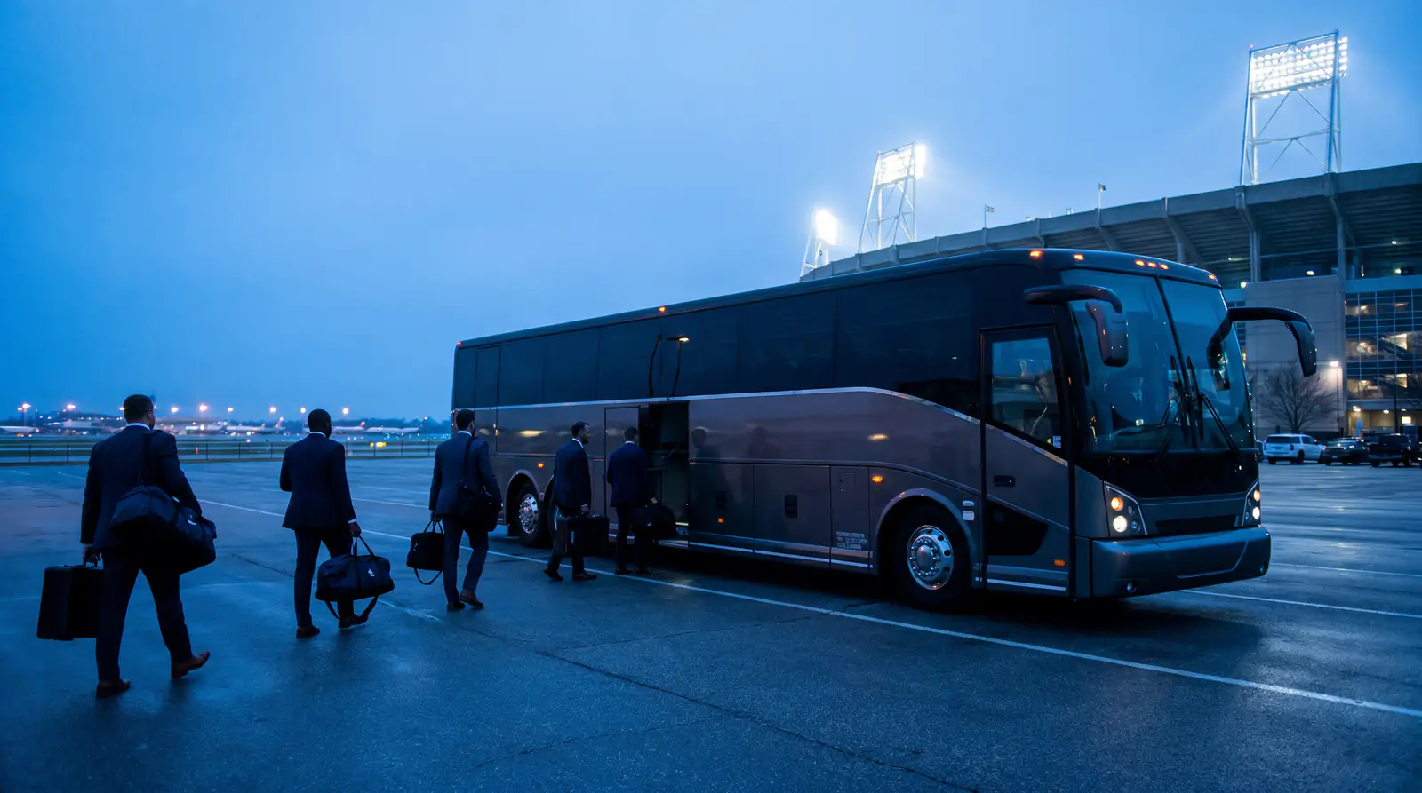 Football squad boarding coach for European away fixture travel