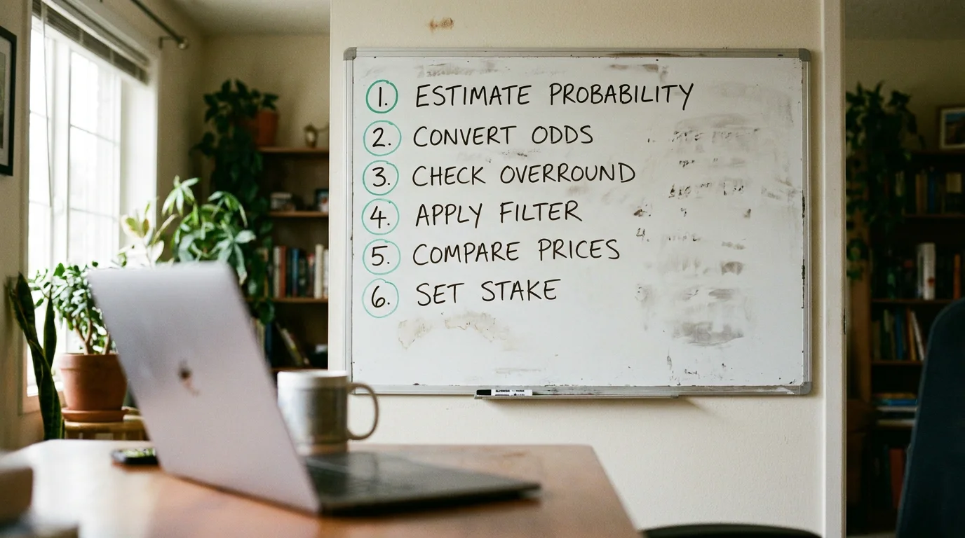 Step-by-step value bet identification process with probability estimates on a whiteboard