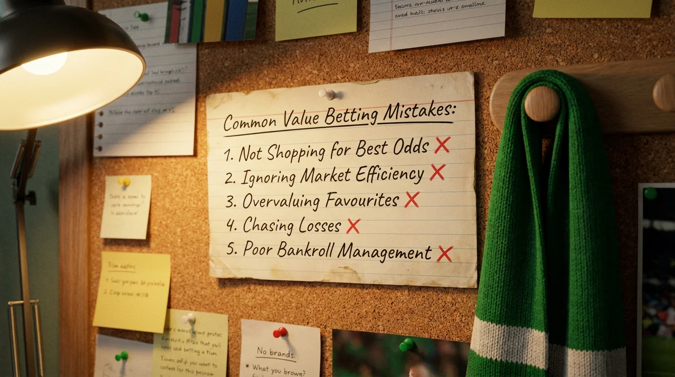 Common value betting mistakes checklist pinned on a corkboard beside a football scarf