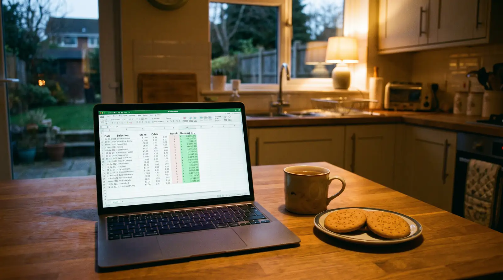 Laptop showing weekly betting performance review spreadsheet