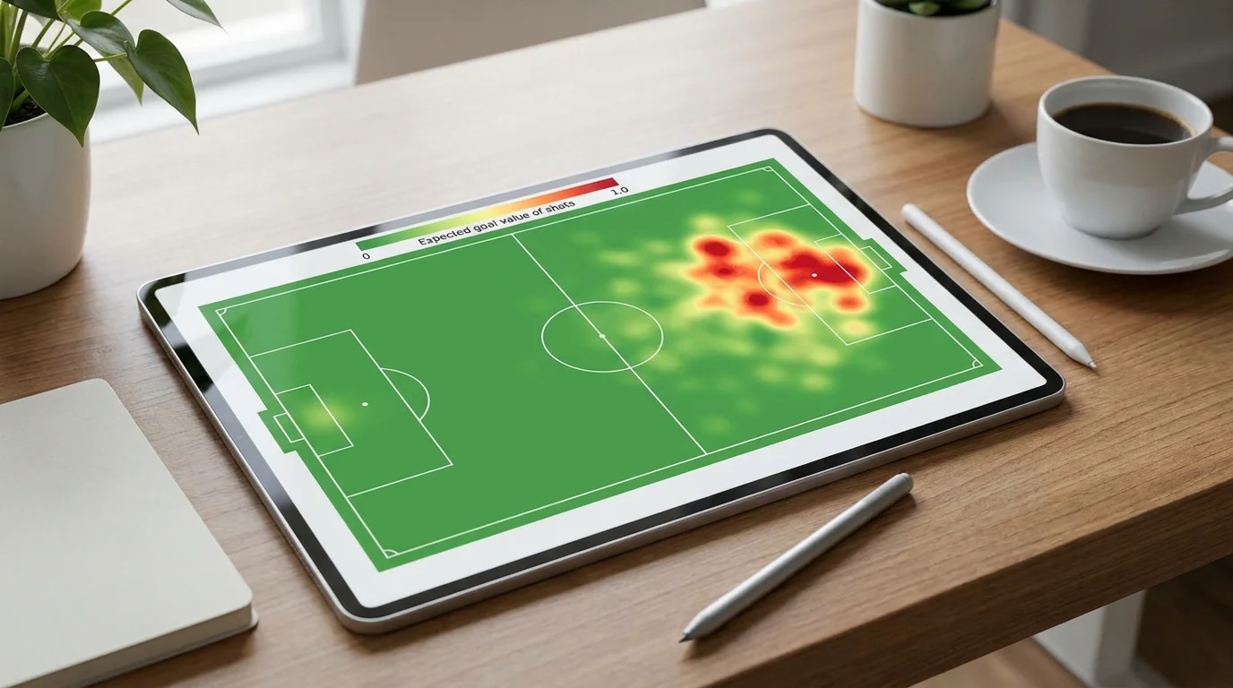 Expected goals shot quality heatmap showing high-value scoring positions on pitch